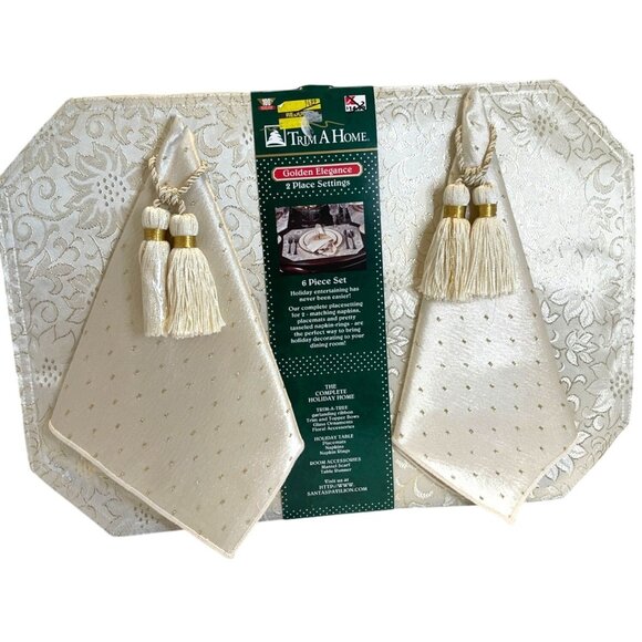 Christmas Holiday White Gold Formal Flower Brocade Table Linen Set Placemats NWT - Picture 1 of 9